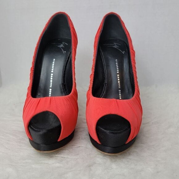 Giuseppe Zanotti Red Ruched Silk Peep Toe Platform Pumps Size 6.5 - Picture 7 of 9